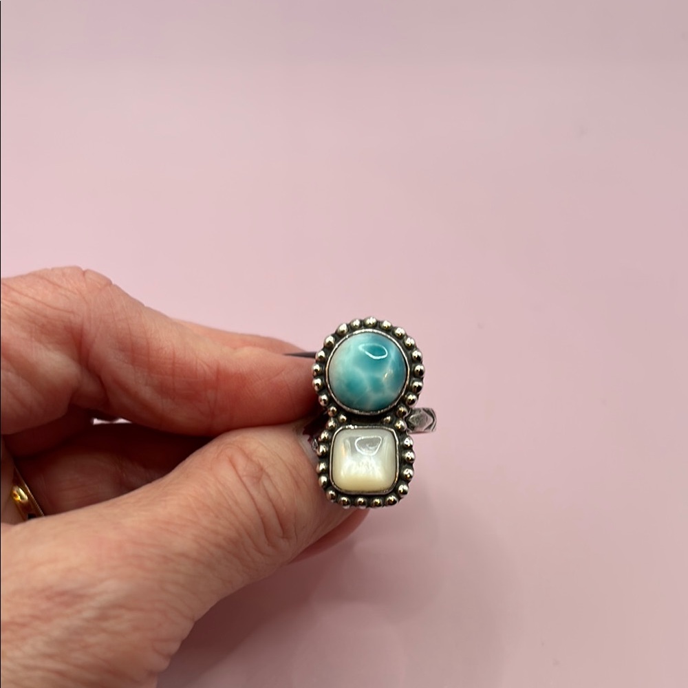 Silver Moonstone and Larimar Adjustable Gemstone Ring